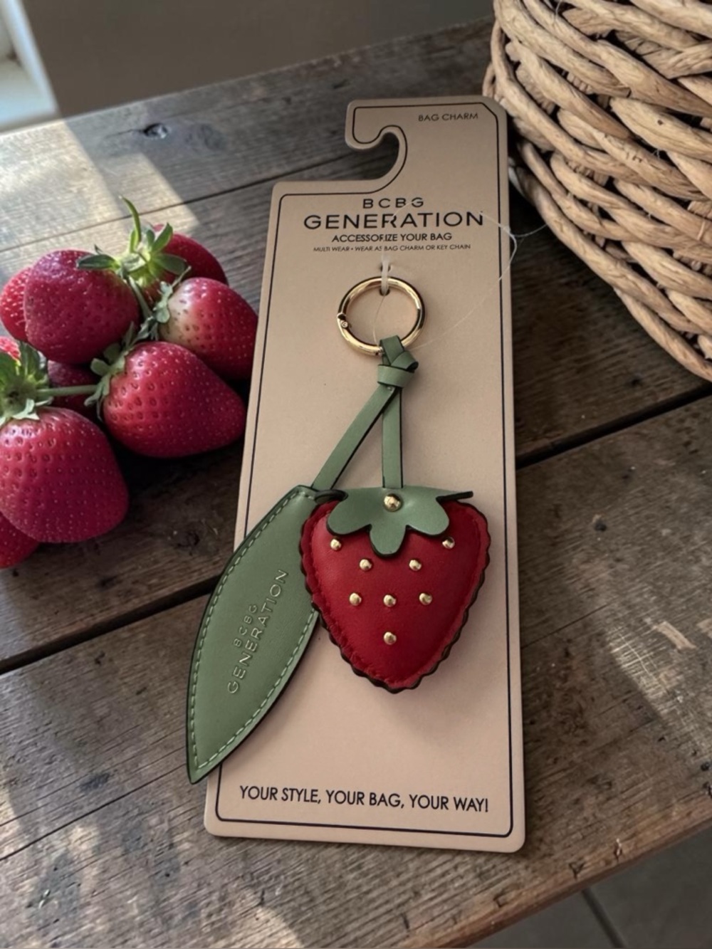 BCBG Generation Strawberry Bag Charm - Key Chain Red & Green NWT